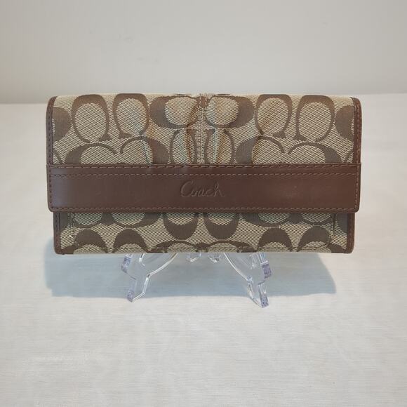 Coach Long Wallet Vintage Leather Signature Brown Beige Pleated Canvas Trifold - Picture 1 of 12